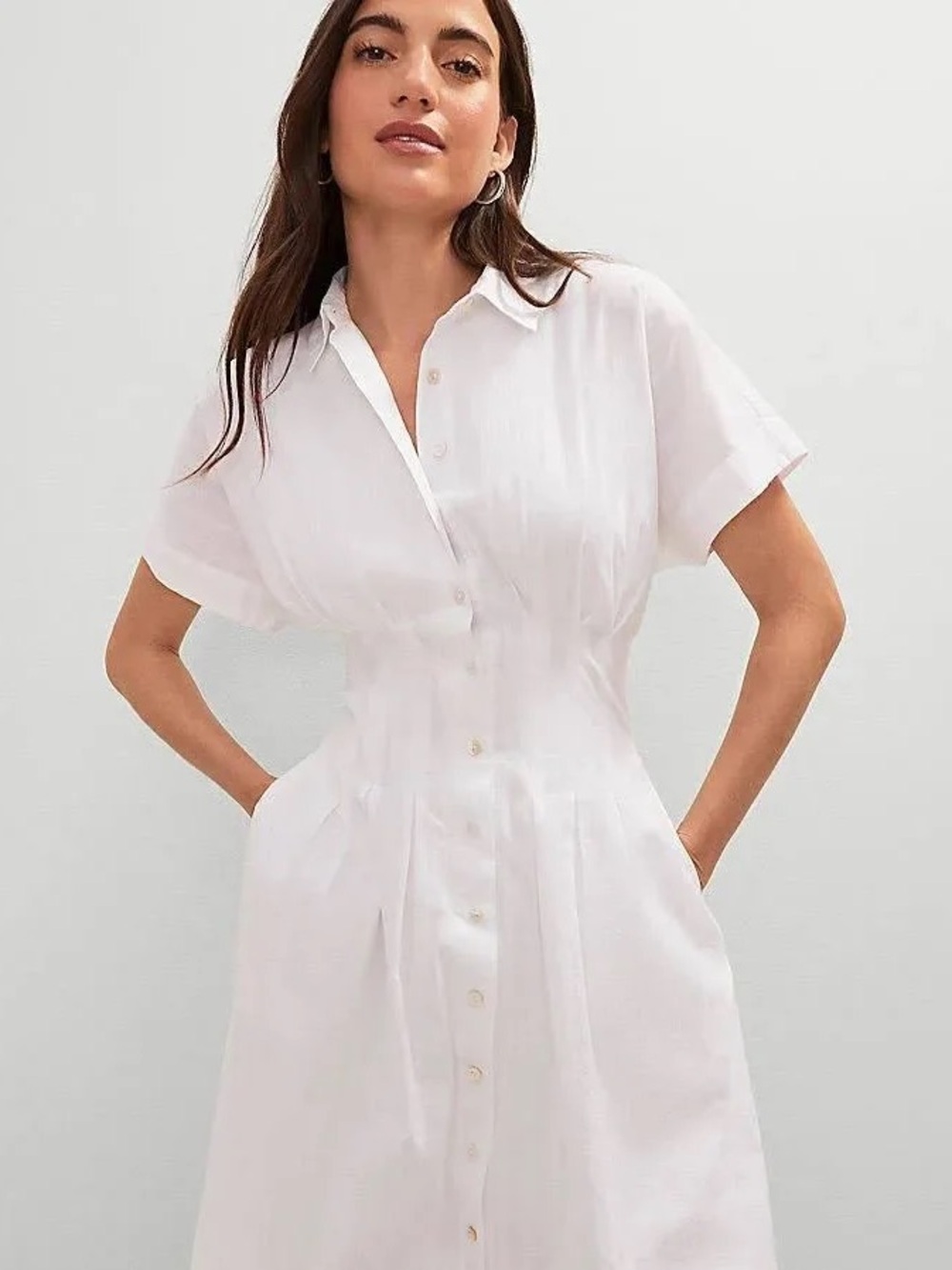 Ann Taylor Weekend White Tonal Stripe Pleated Midi Shirt Dress Lined Sz 10
